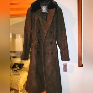 Vince Camuto brown/black plaid long coat size xs